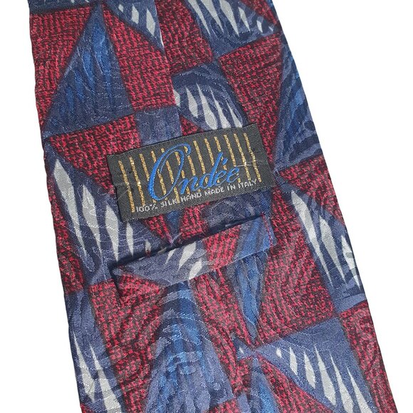 Ondee Designer Vintage Italian Silk Red Blue Geometric Pattern Men Tie Dad Gift - Picture 4 of 5